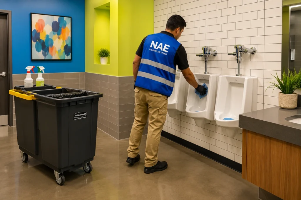 Professional commercial janitorial staff cleaning a modern Austin office as part of outsourced cleaning services for local businesses.