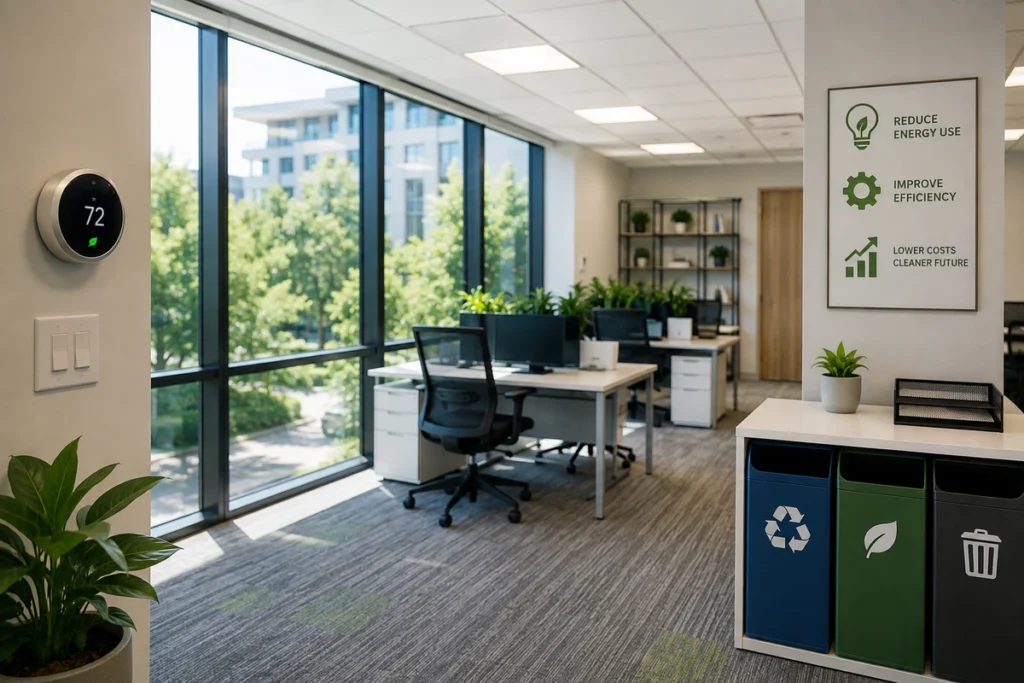 Modern Austin office with recycling stations, indoor plants, and an organized workspace promoting a clean and sustainable workplace.