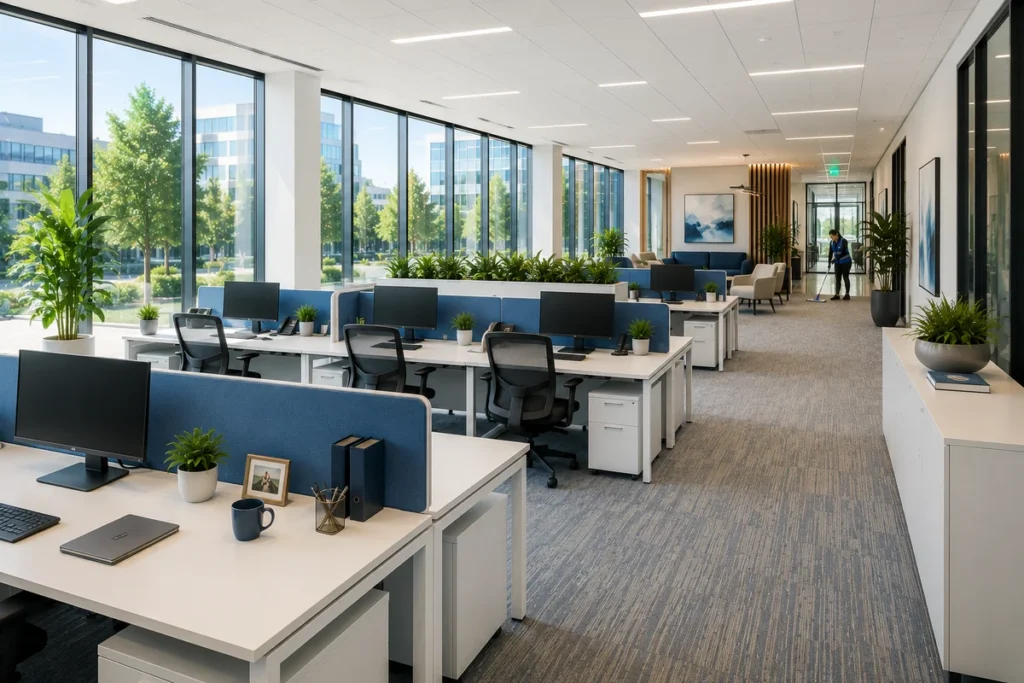 Professional commercial janitorial team perform deep cleaning in office buildings using commercial-grade cleaning equipment.