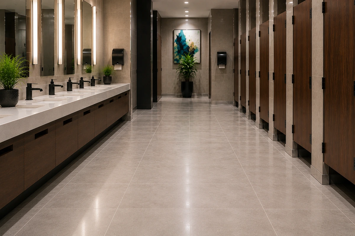 Professional commercial cleaner use specialized equipment to deep clean grout and tile floors in a commercial building.
