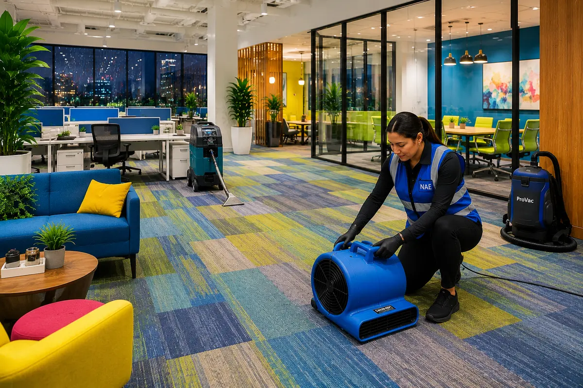 Professional commercial carpet cleaning with fast drying equipment in a modern office to help prevent mold, odors, and moisture damage.