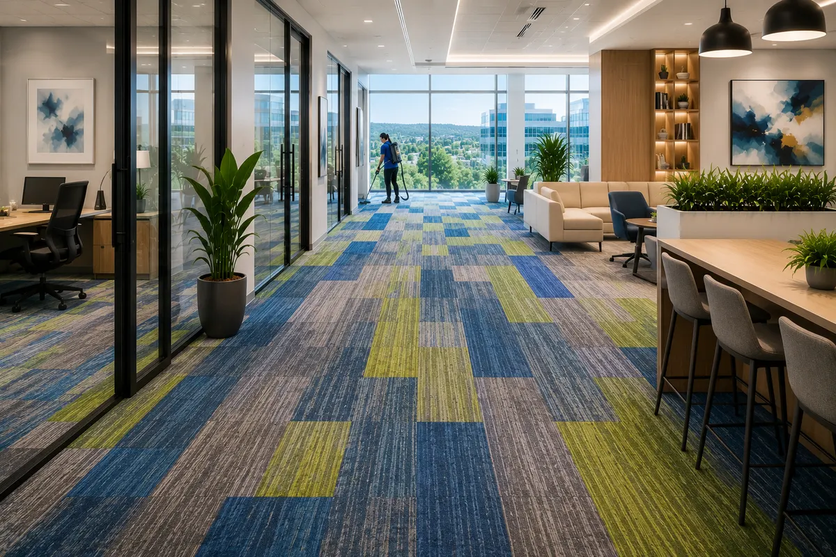 Modern commercial office with clean carpet tiles after professional carpet cleaning services.