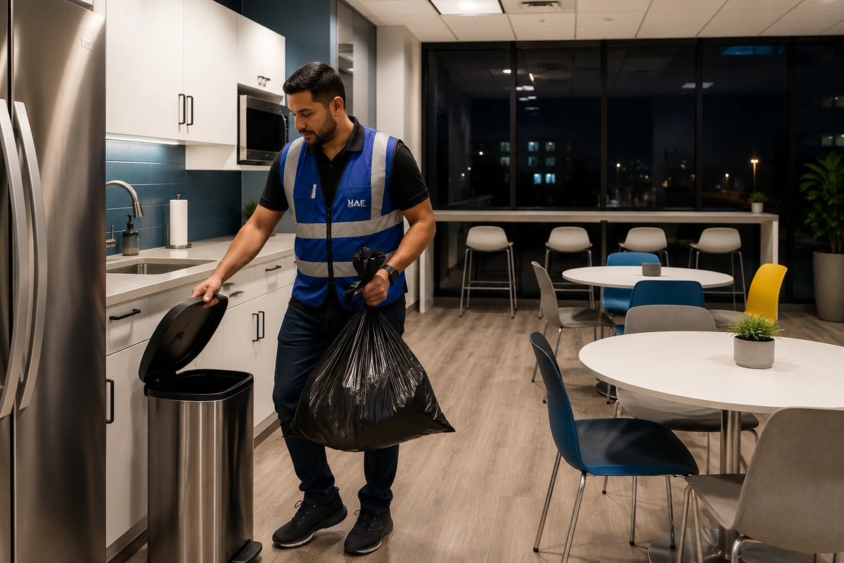 Professional commercial janitorial staff removing trash and cleaning a modern Austin office breakroom during routine janitorial service.