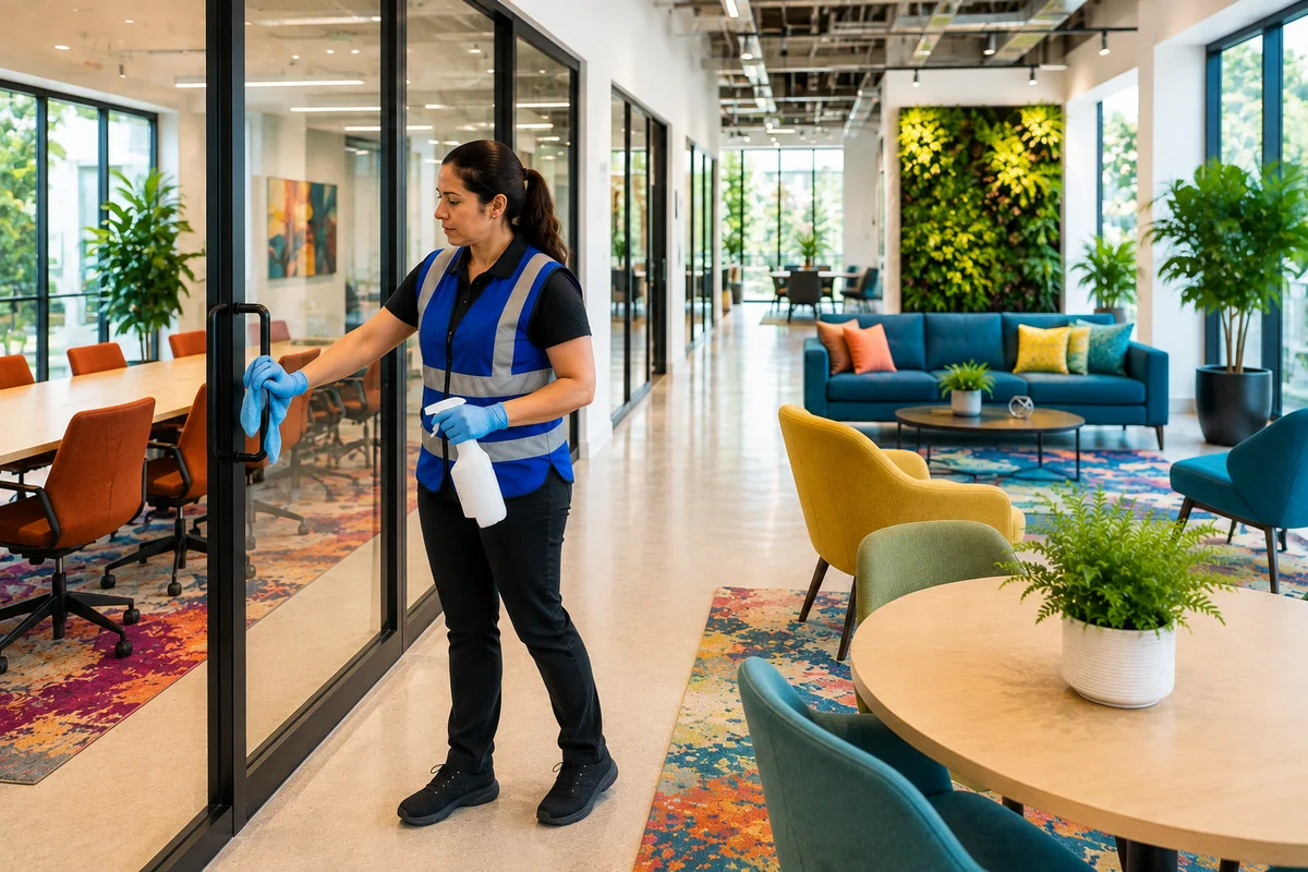 Professional janitorial staff disinfecting glass doors and high-touch surfaces in a modern Austin office to support health and safety compliance.
