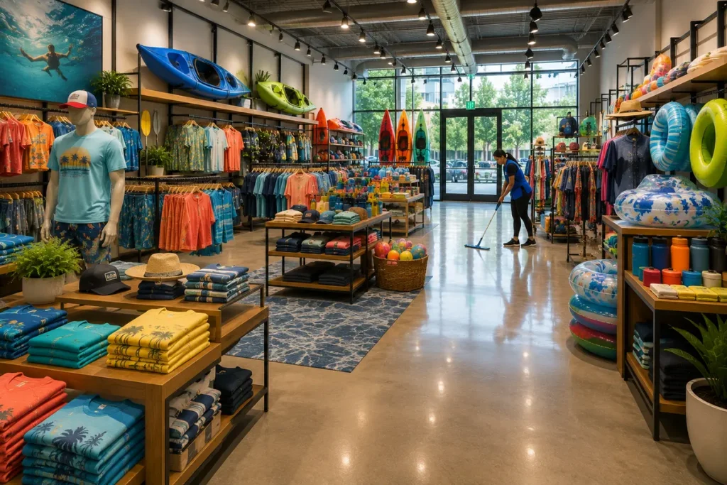 Professional commercial janitorial staff cleaning the floor inside a retail store to maintain a clean and welcoming shopping environment.