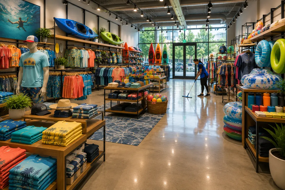 Professional commercial janitorial staff cleaning the floor inside a retail store to maintain a clean and welcoming shopping environment.