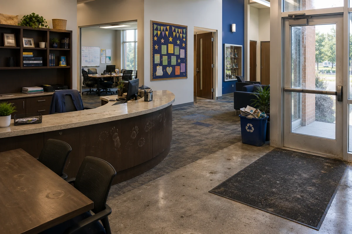 Office reception area with dirty entrance floors and neglected surfaces showing the impact of poor commercial cleaning.