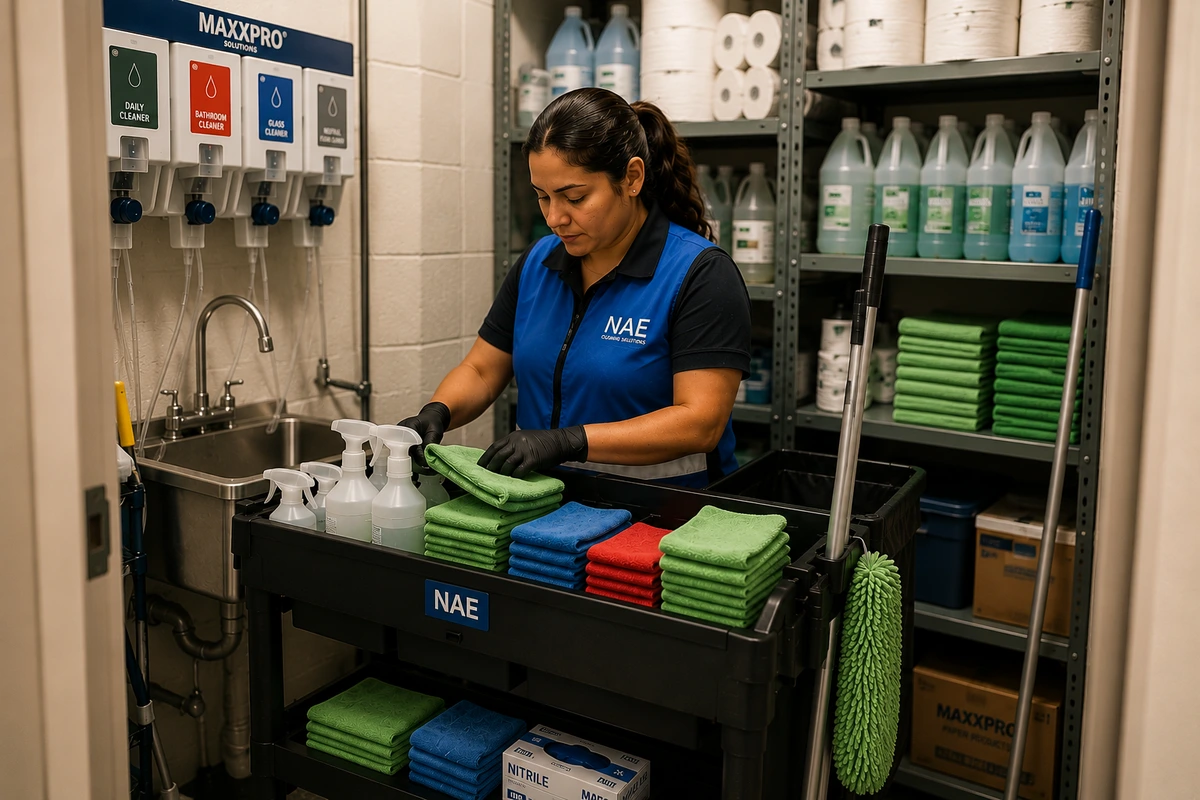 Commercial cleaning professional organizing microfiber cloths and supplies for quality janitorial service in Austin, TX.