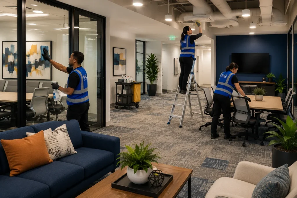 Professional janitorial staff perform spring deep cleaning in commercial offices to improve cleanliness and workplace health.