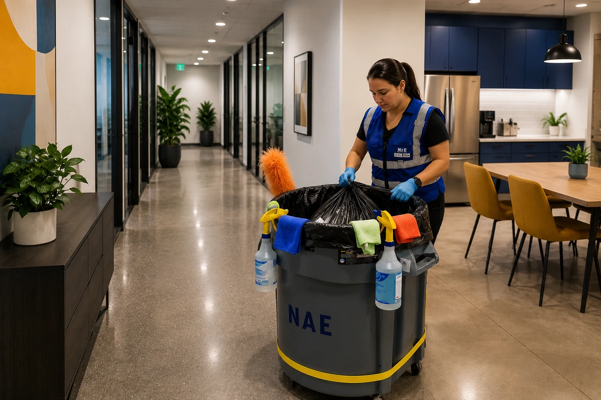 Professional janitorial staff cleaning a modern Austin office building to maintain a clean, healthy, and professional work environment.