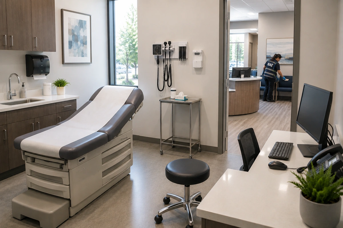Medical office exam room and reception area professionally cleaned