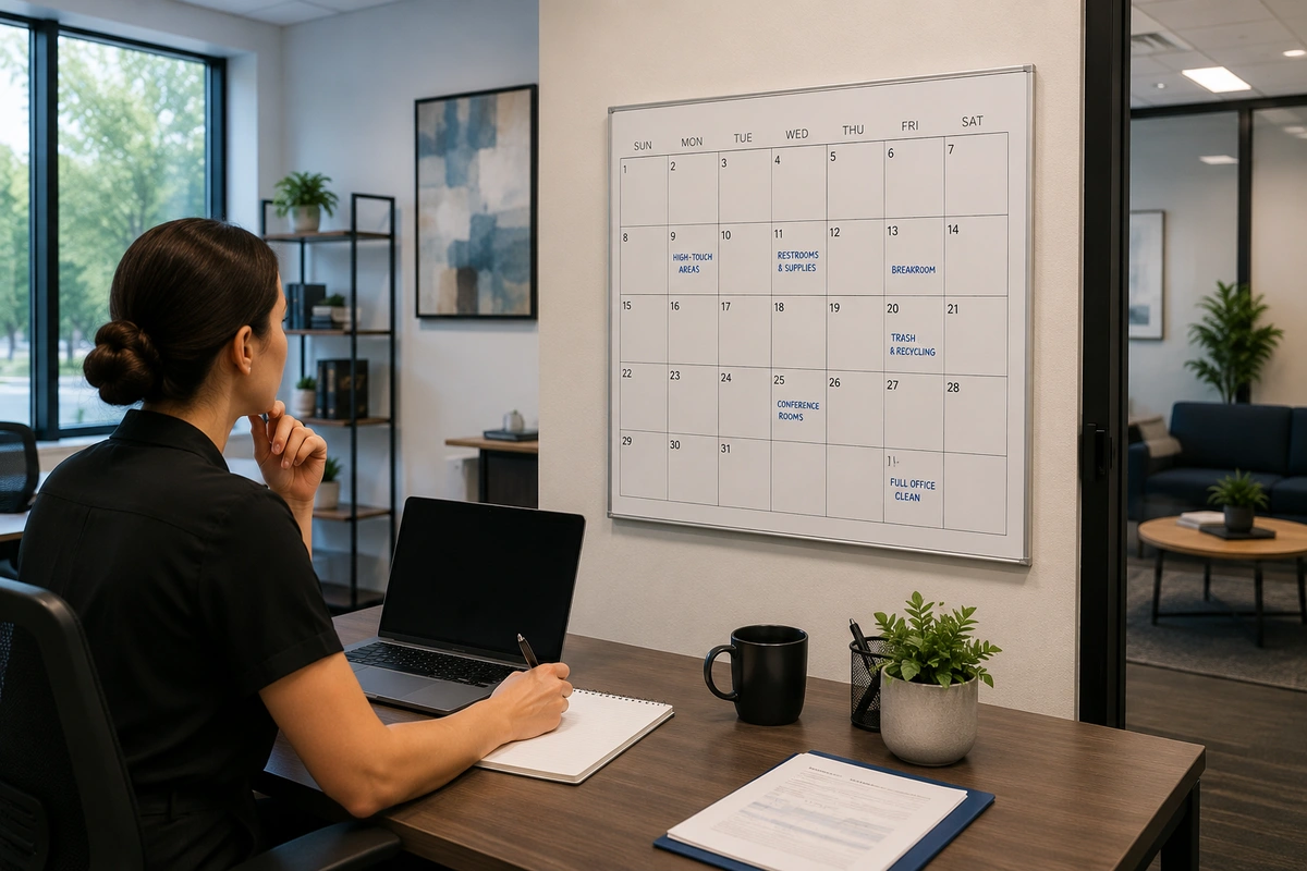 Business professional reviewing an office cleaning schedule on a calendar